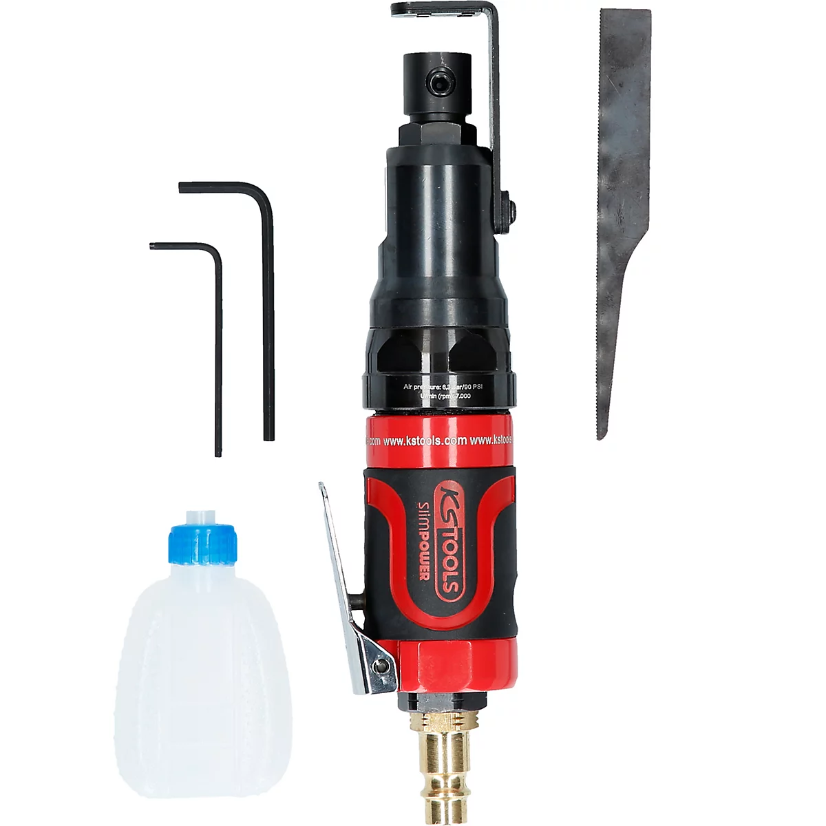 Druckluft-Kantenfräser, rot-schwarz, Zubehör.